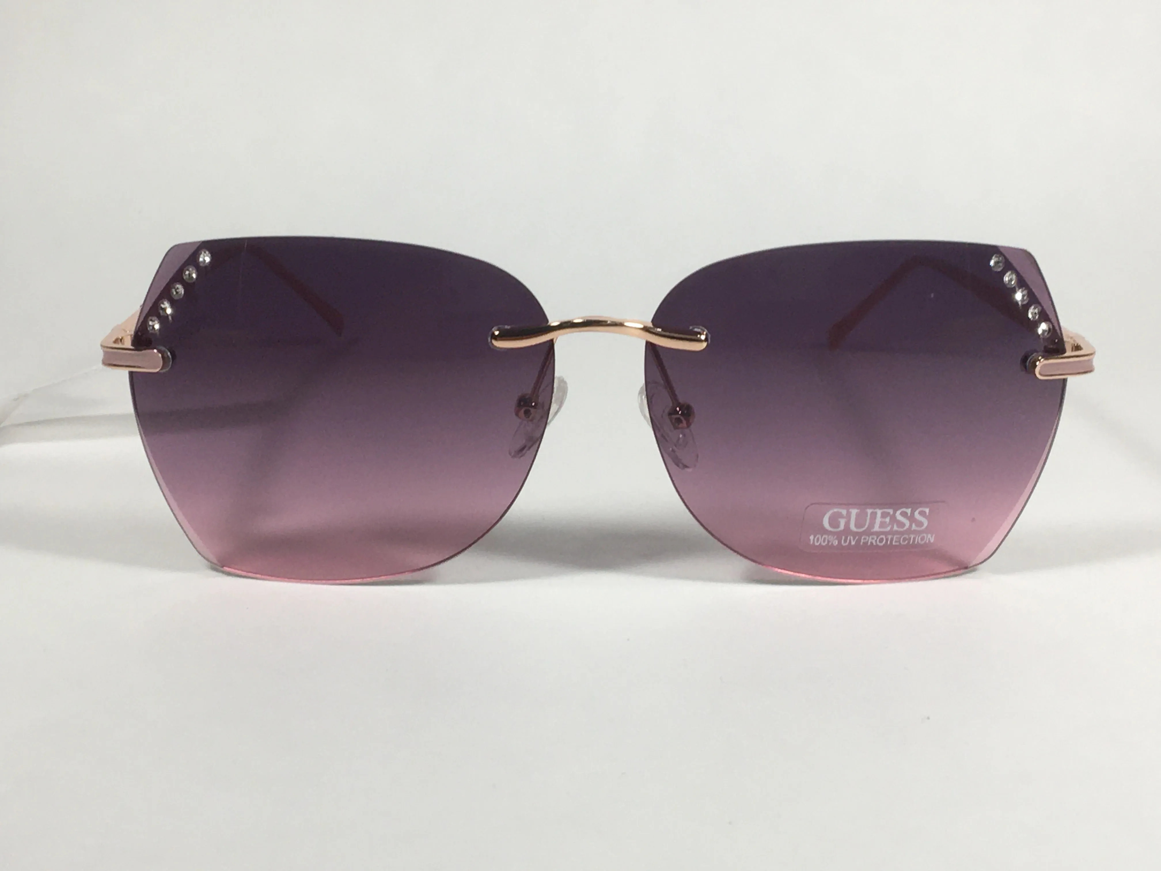 Guess Rimless Butterfly Sunglasses Rose Gold Metal Frame Pink Gradient Lens GF0384 28T