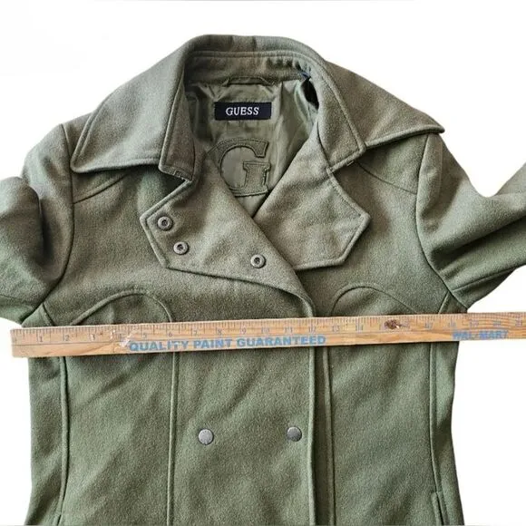 Guess Wool Blend Double Breasted SnapClosure Lined Olive Green Peacoat NWOT Sz M