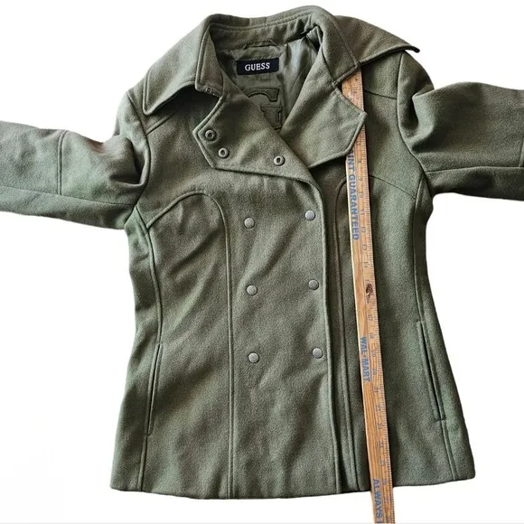 Guess Wool Blend Double Breasted SnapClosure Lined Olive Green Peacoat NWOT Sz M