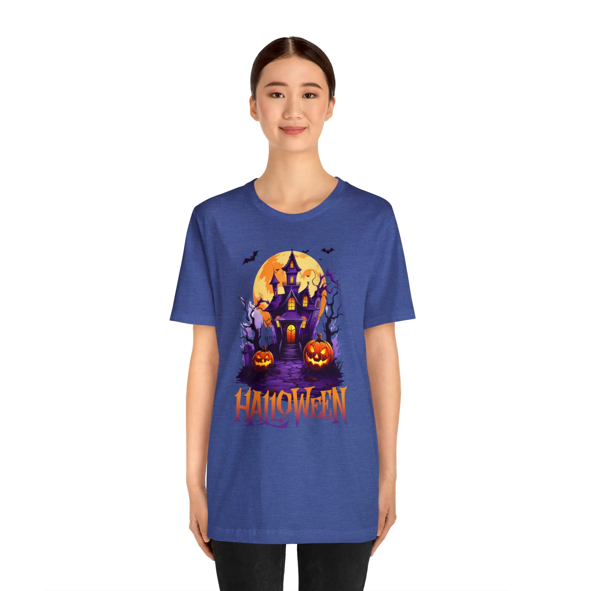 Halloween Haunted House T-Shirt | Scary House with Bats Tee |  Bella Canvas 3001Unisex | Spooky Short Sleeve Tshirt