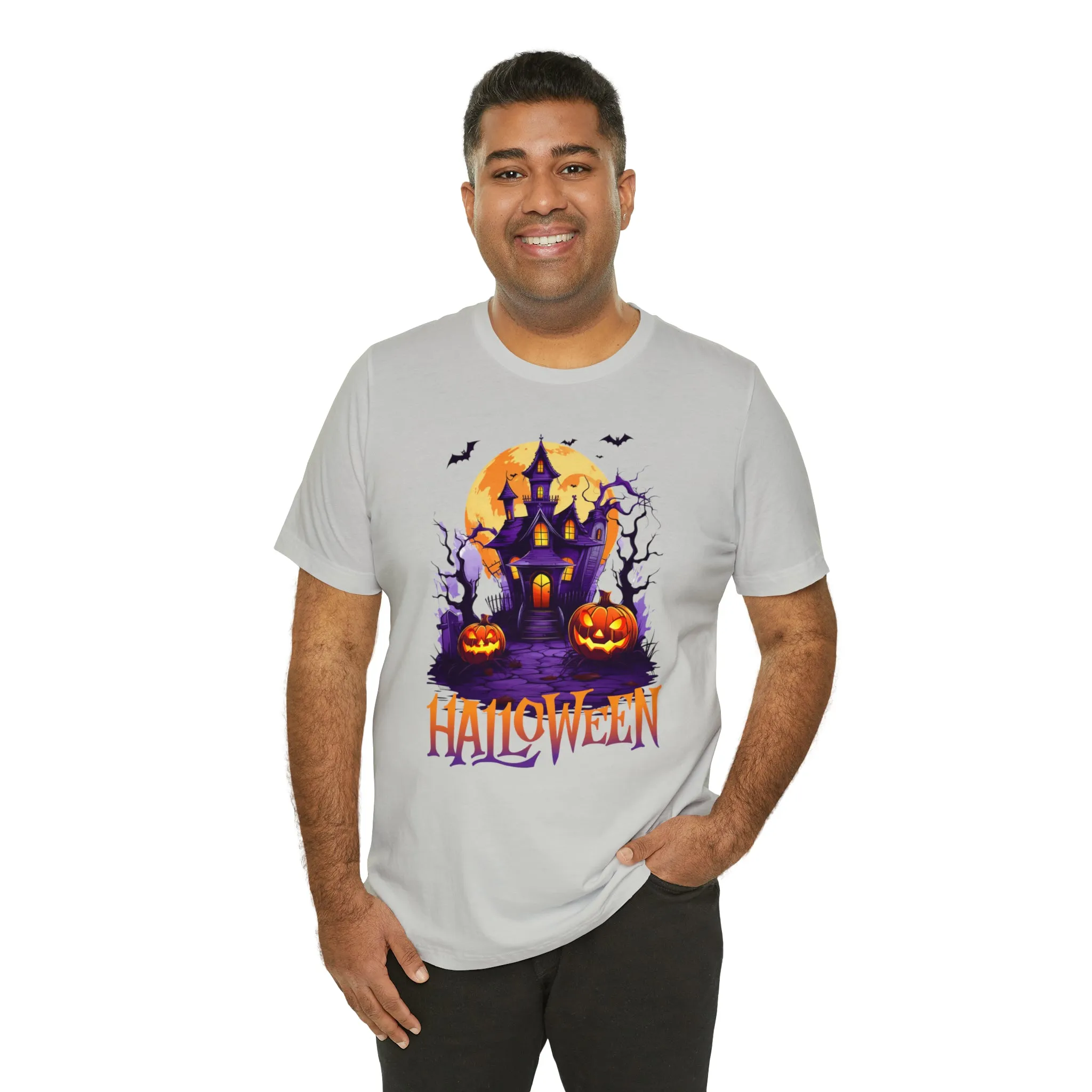 Halloween Haunted House T-Shirt | Scary House with Bats Tee |  Bella Canvas 3001Unisex | Spooky Short Sleeve Tshirt