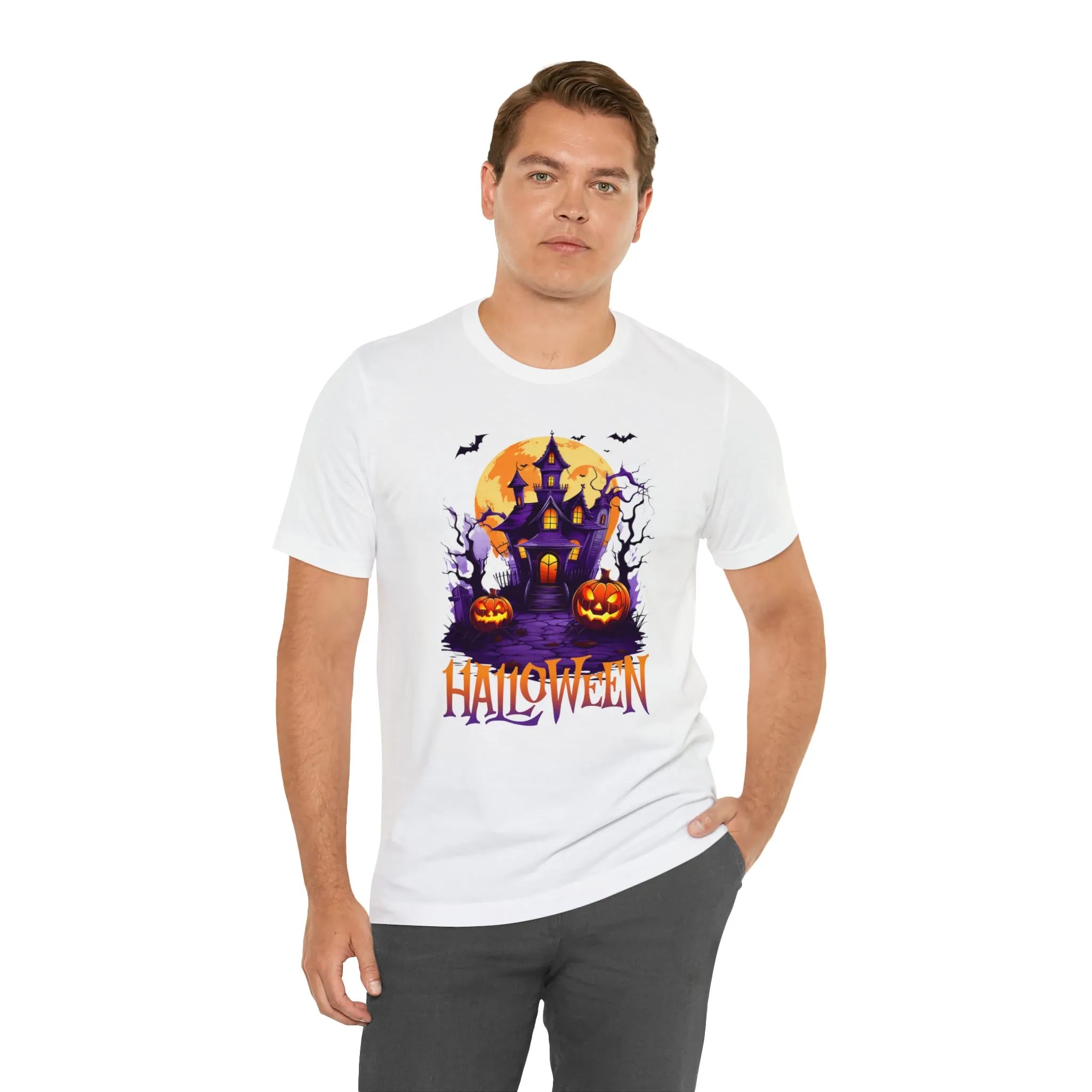 Halloween Haunted House T-Shirt | Scary House with Bats Tee |  Bella Canvas 3001Unisex | Spooky Short Sleeve Tshirt