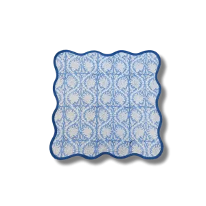 Hand Block Print Blue Wave Scallop Cotton Napkin Set of 4