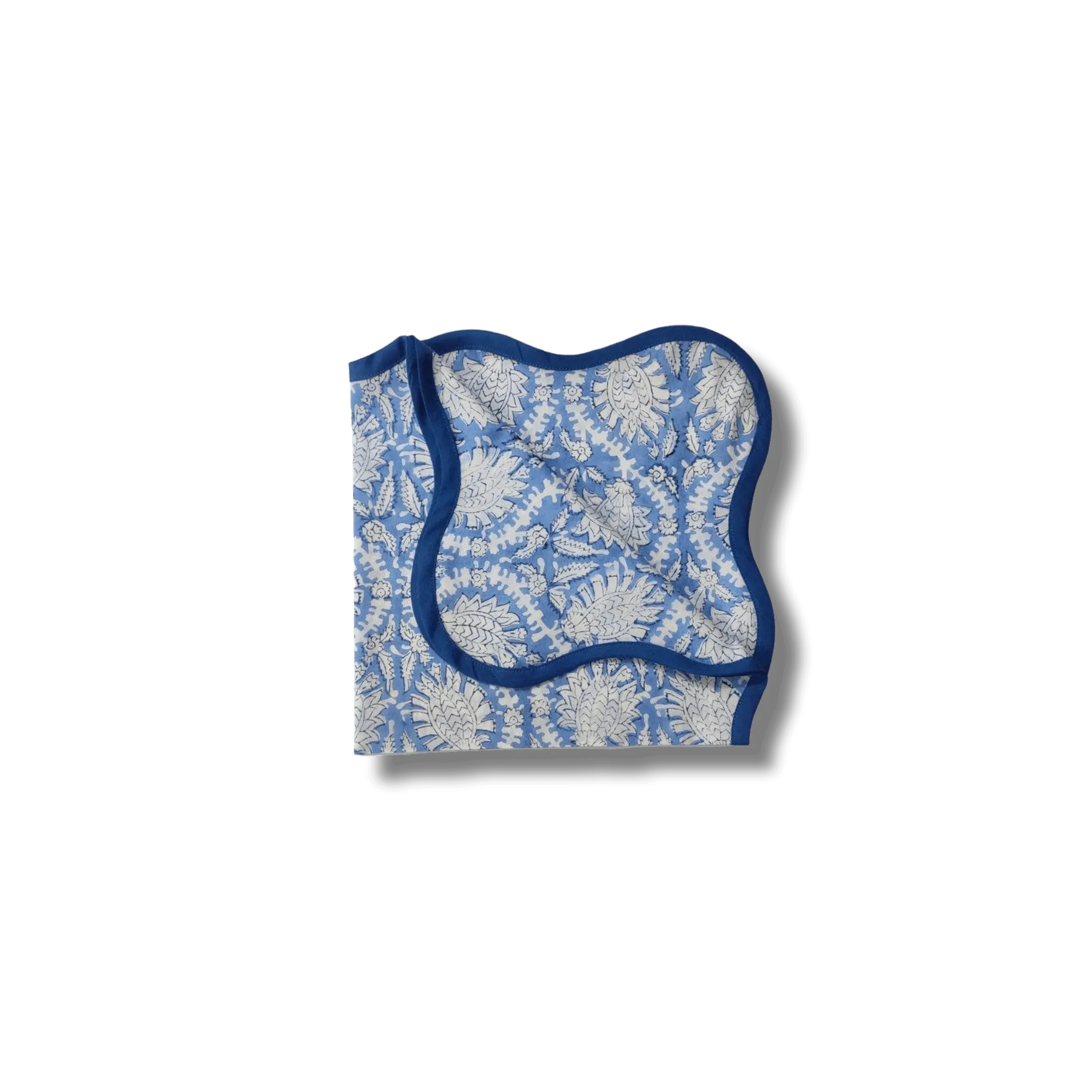 Hand Block Print Blue Wave Scallop Cotton Napkin Set of 4
