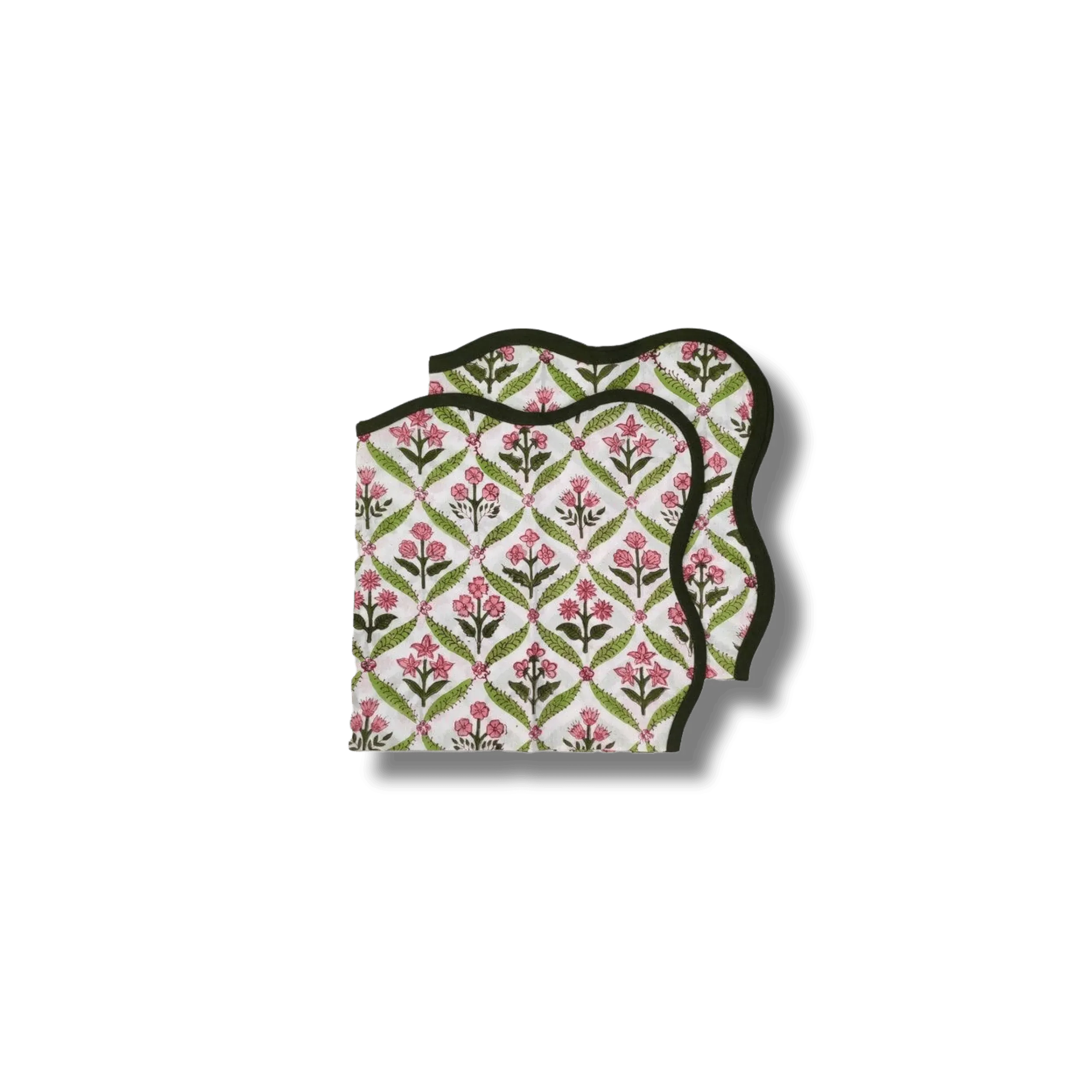 Hand-Block Print Dark Green Piping Scallop Cotton Napkins