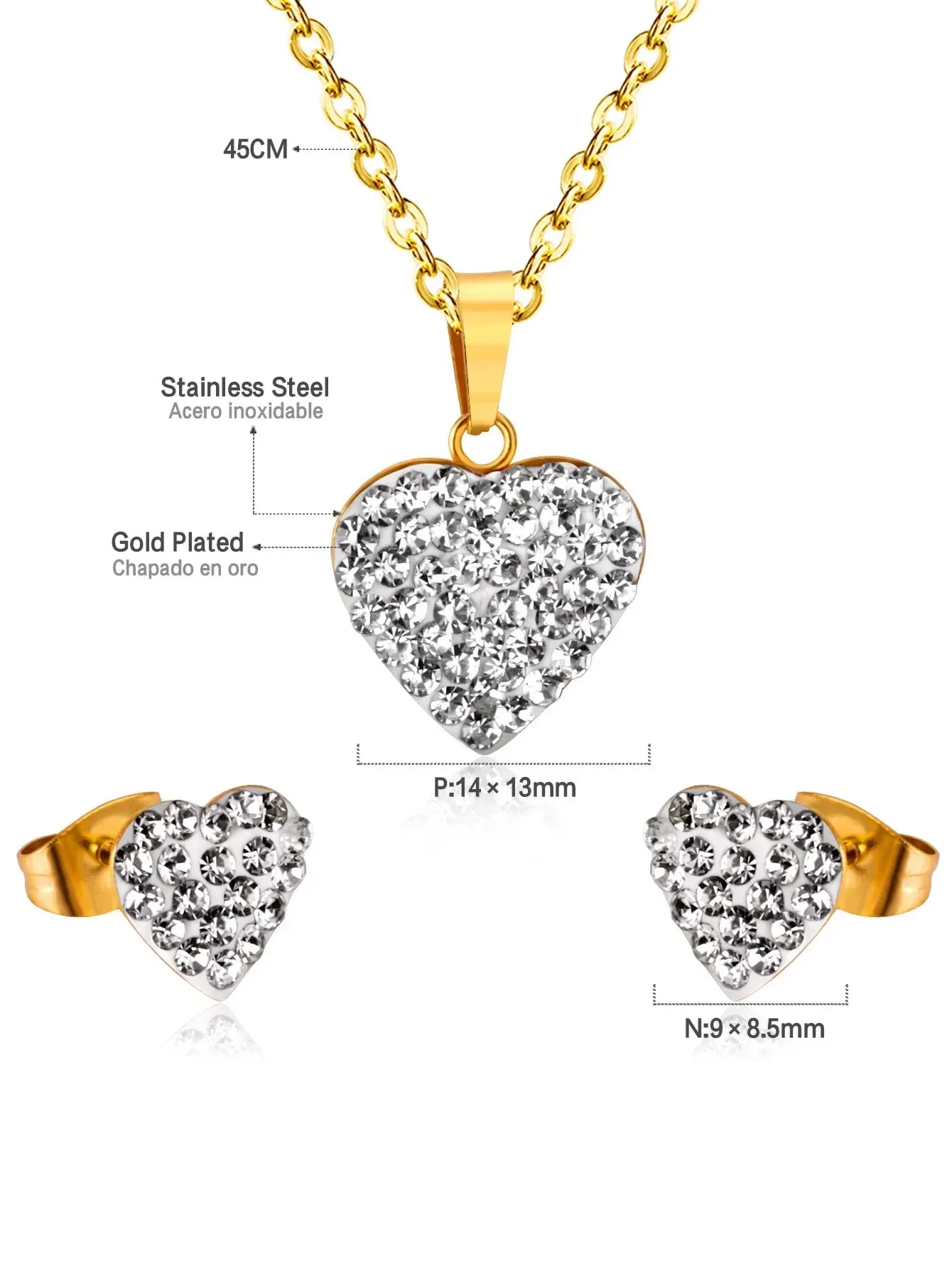 Heart Charm Rhinestone Decor Necklace & Stud Earrings Set - FD ⚡