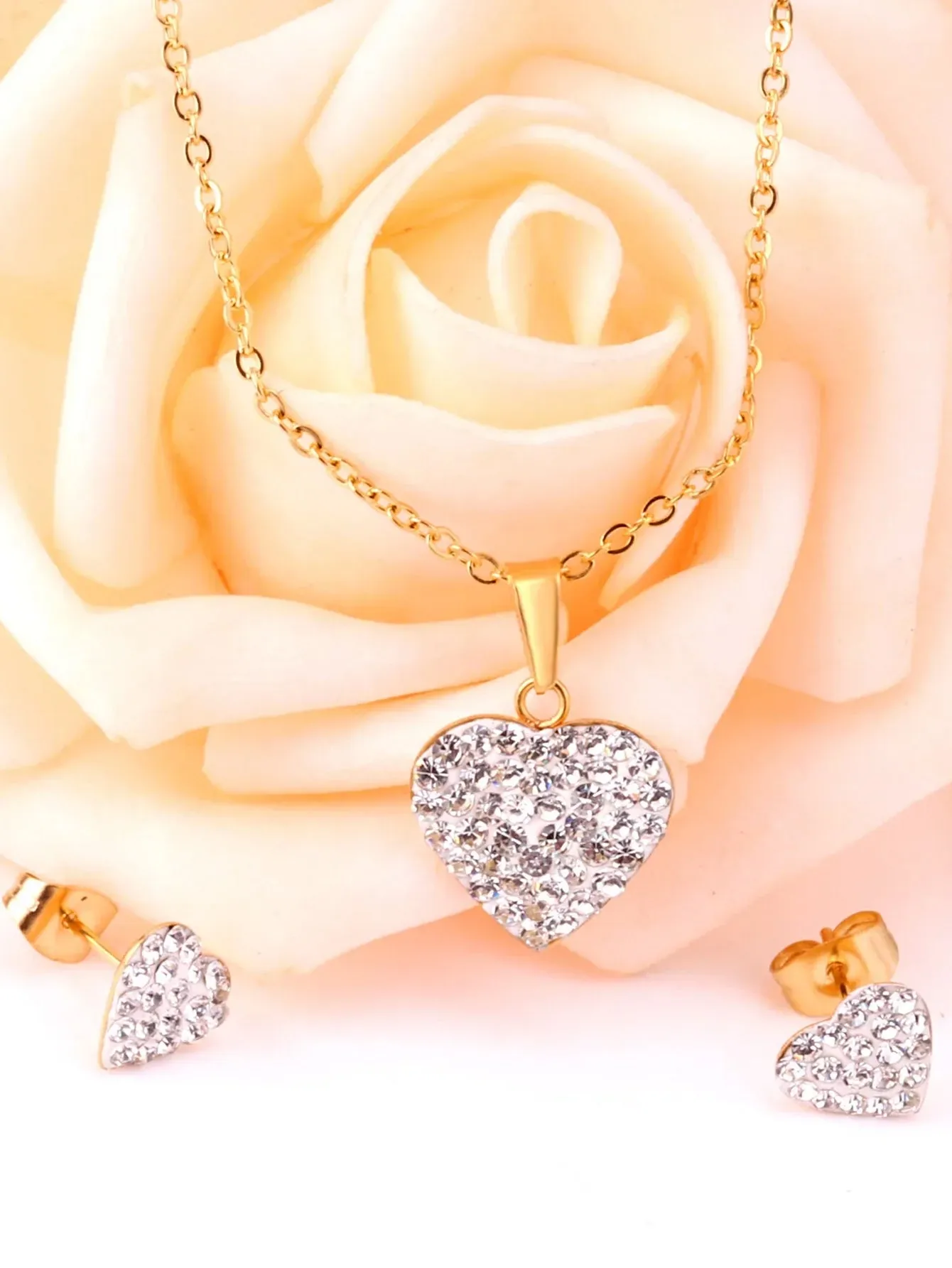 Heart Charm Rhinestone Decor Necklace & Stud Earrings Set - FD ⚡
