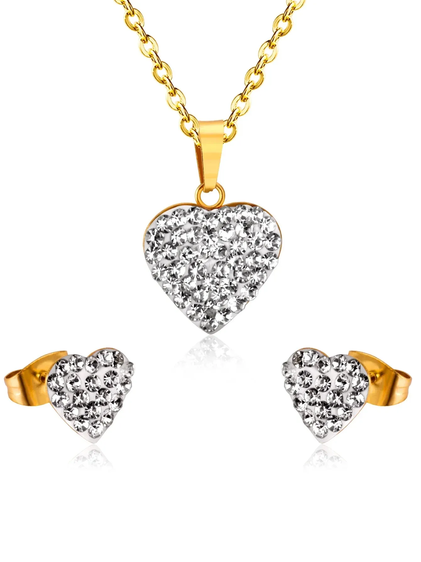 Heart Charm Rhinestone Decor Necklace & Stud Earrings Set - FD ⚡