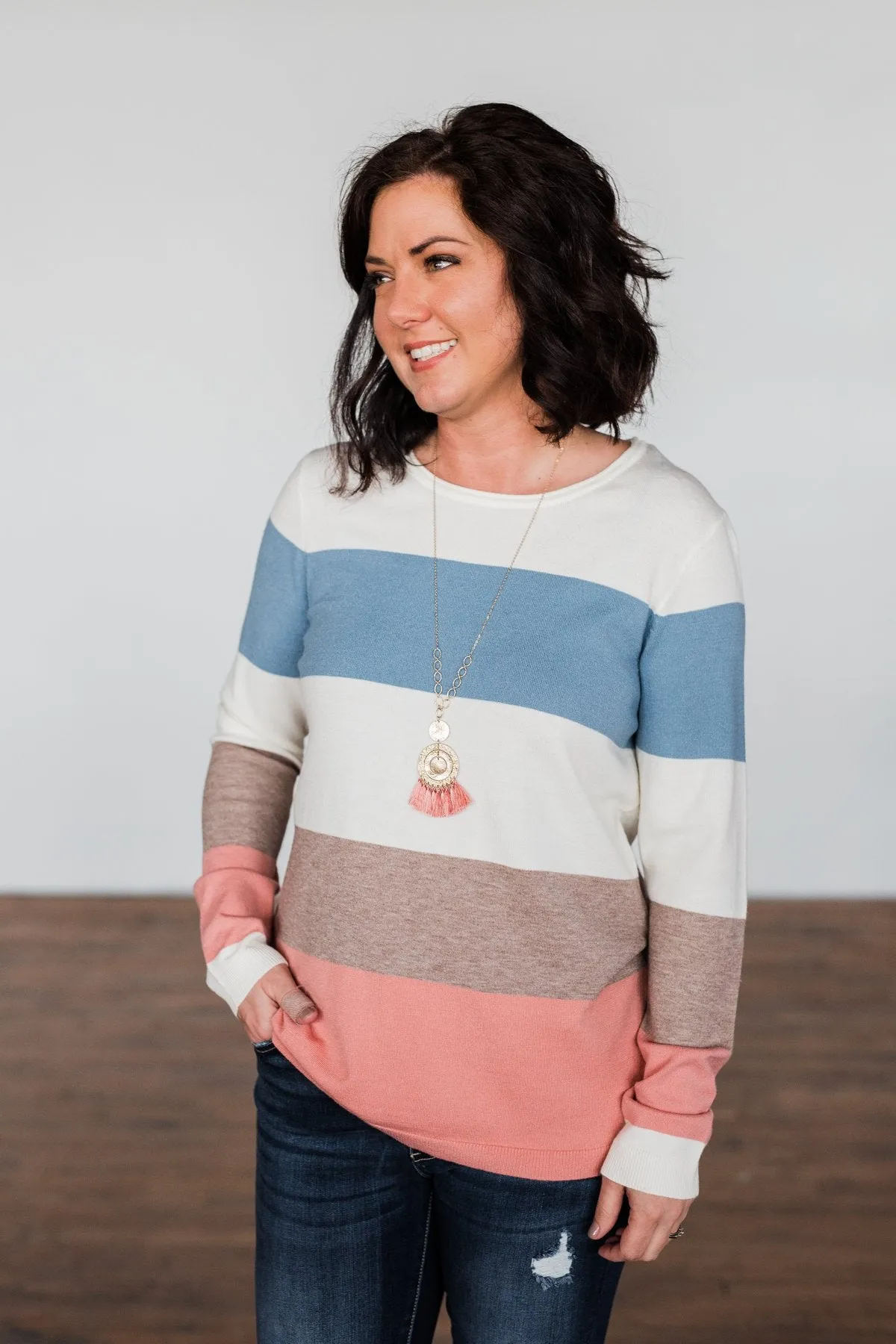 Here She Comes Sweater- Mauve, Mocha, & Denim Blue