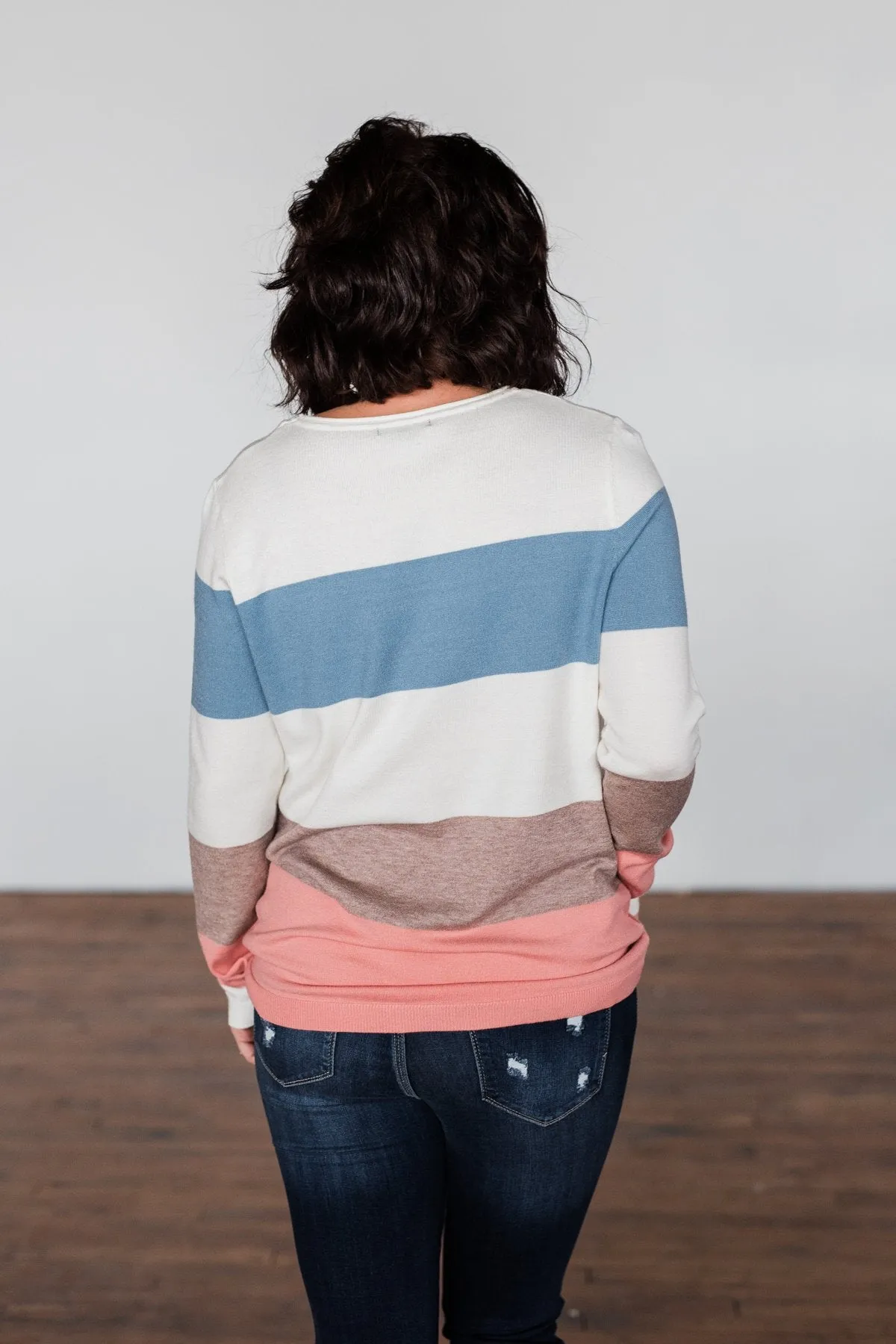 Here She Comes Sweater- Mauve, Mocha, & Denim Blue