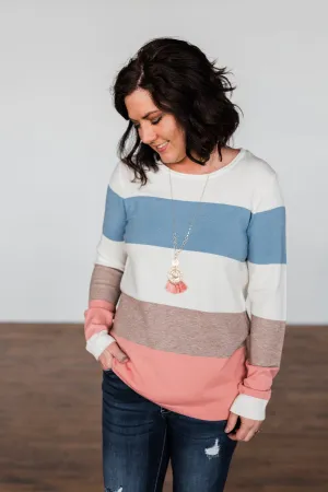 Here She Comes Sweater- Mauve, Mocha, & Denim Blue