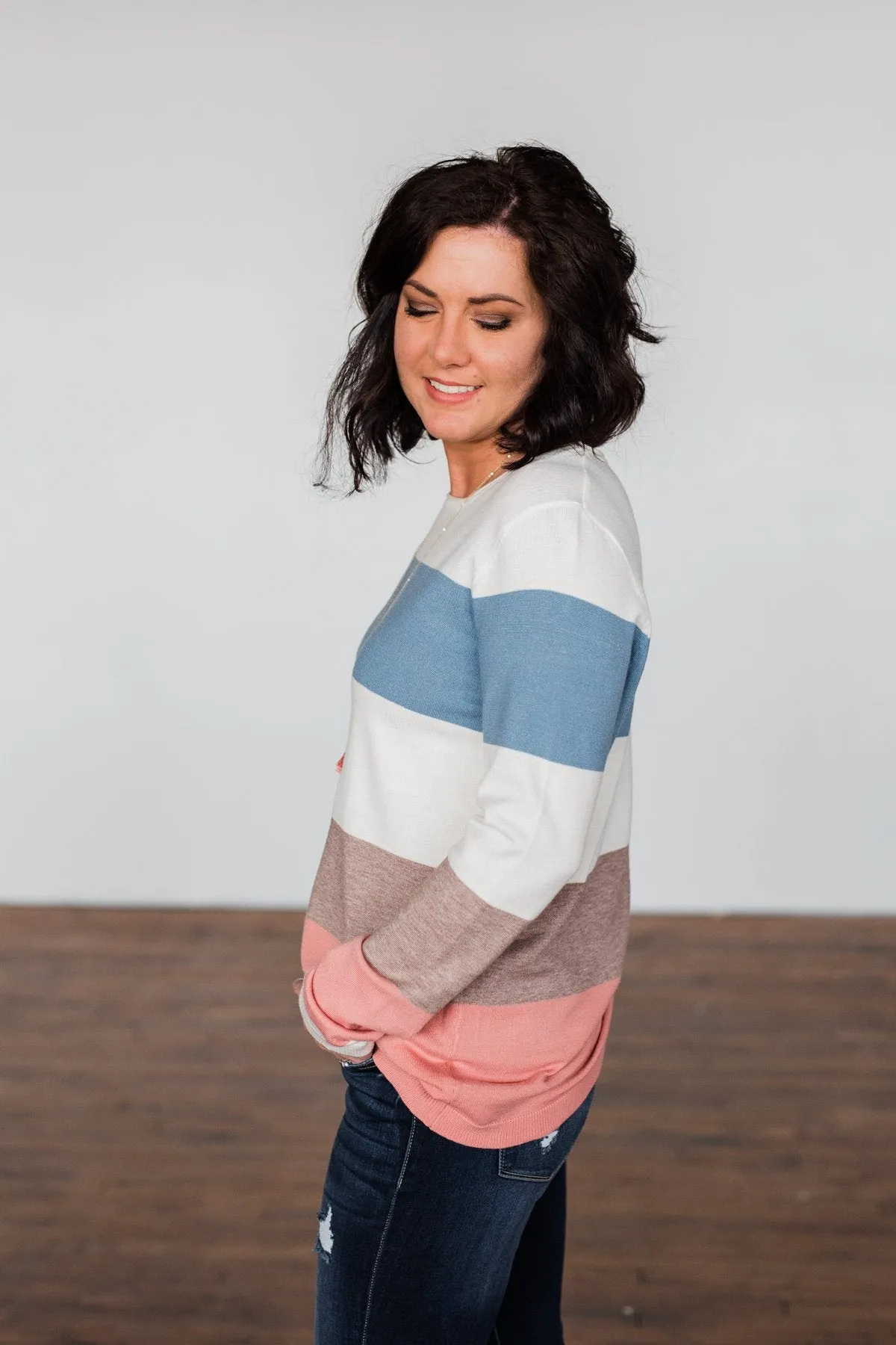 Here She Comes Sweater- Mauve, Mocha, & Denim Blue