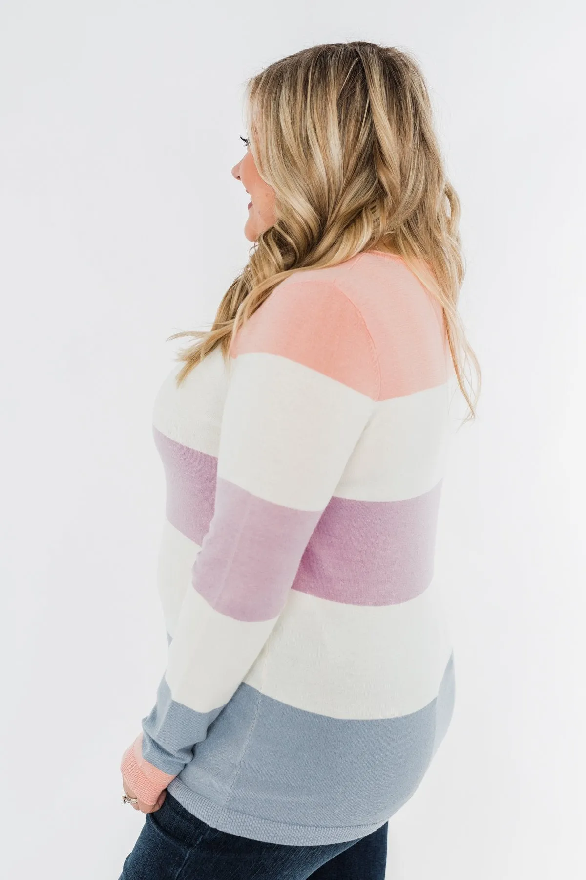 Here She Comes Sweater- Peach, Orchid & Steal Blue
