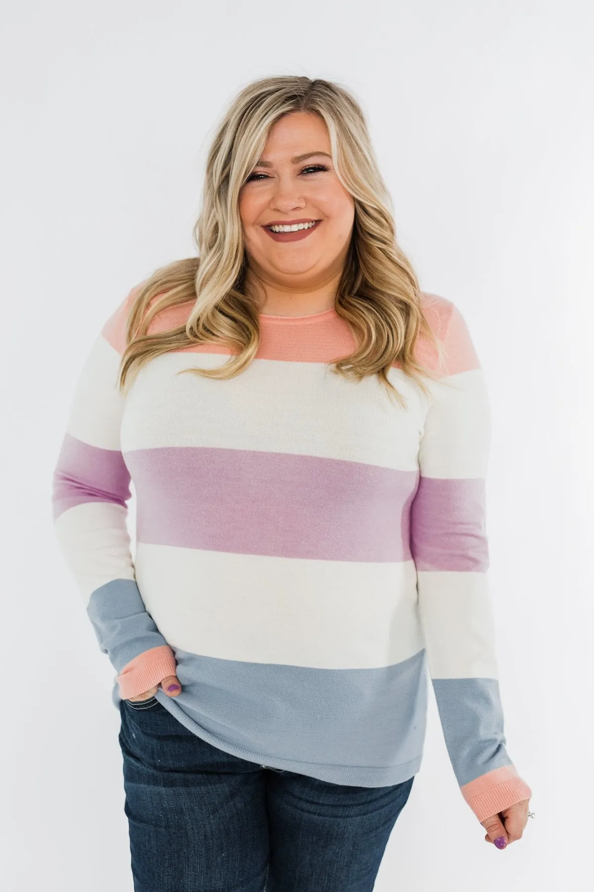 Here She Comes Sweater- Peach, Orchid & Steal Blue