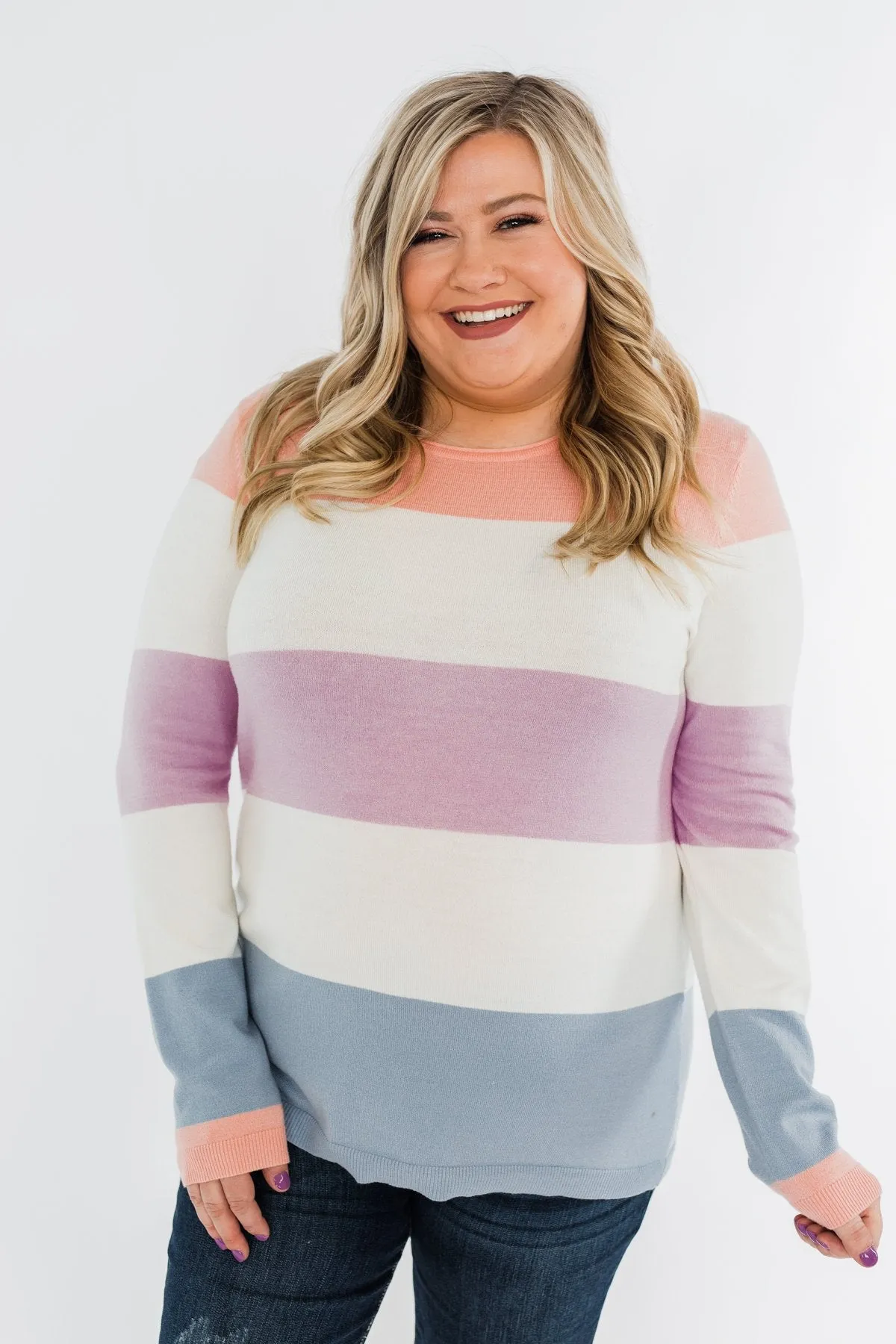 Here She Comes Sweater- Peach, Orchid & Steal Blue
