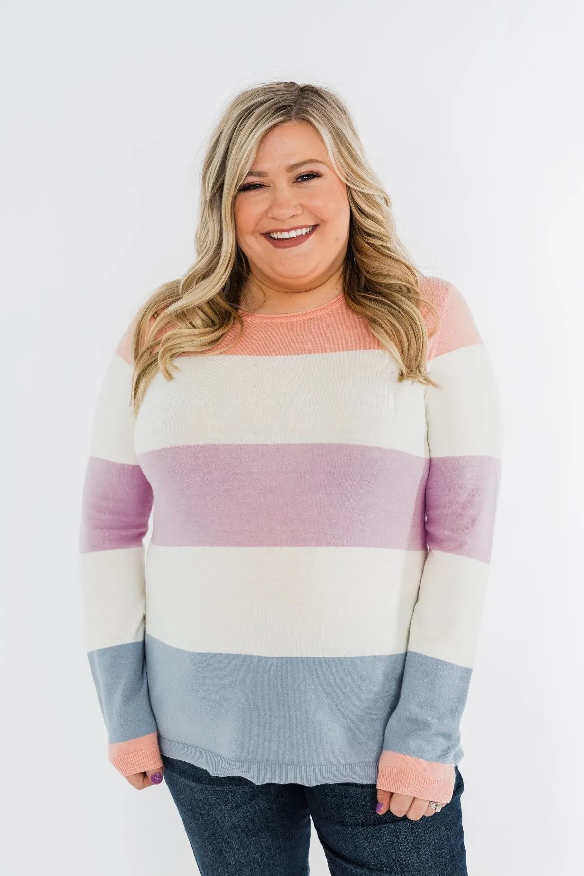 Here She Comes Sweater- Peach, Orchid & Steal Blue