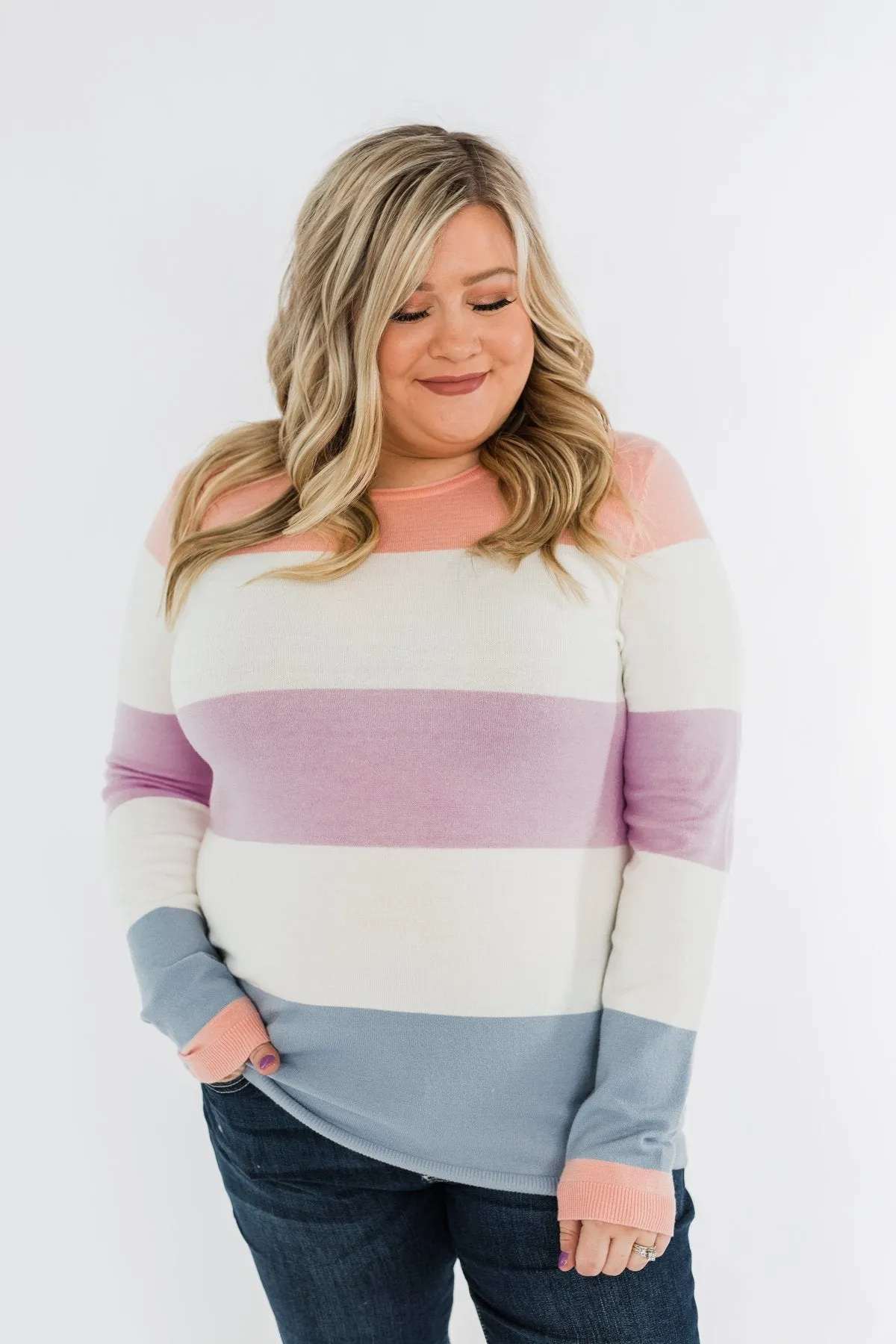 Here She Comes Sweater- Peach, Orchid & Steal Blue