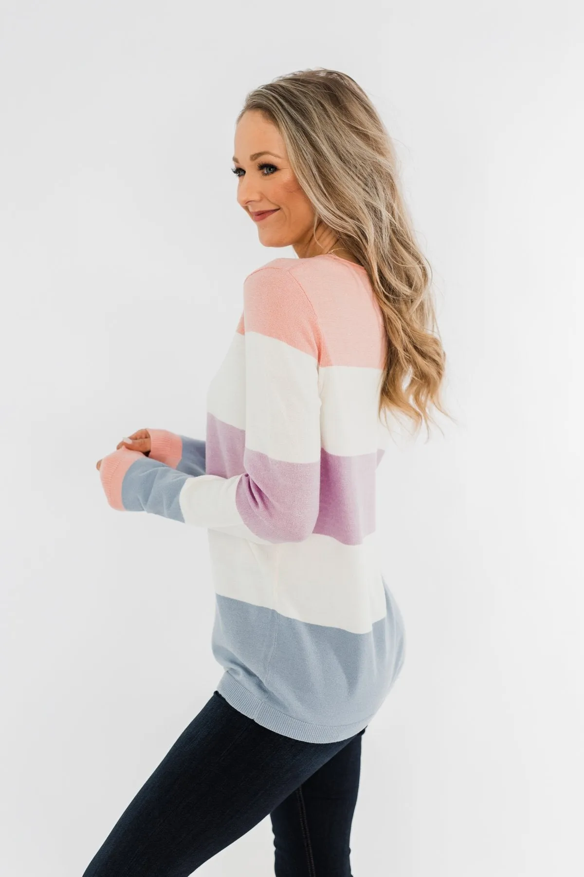 Here She Comes Sweater- Peach, Orchid & Steal Blue