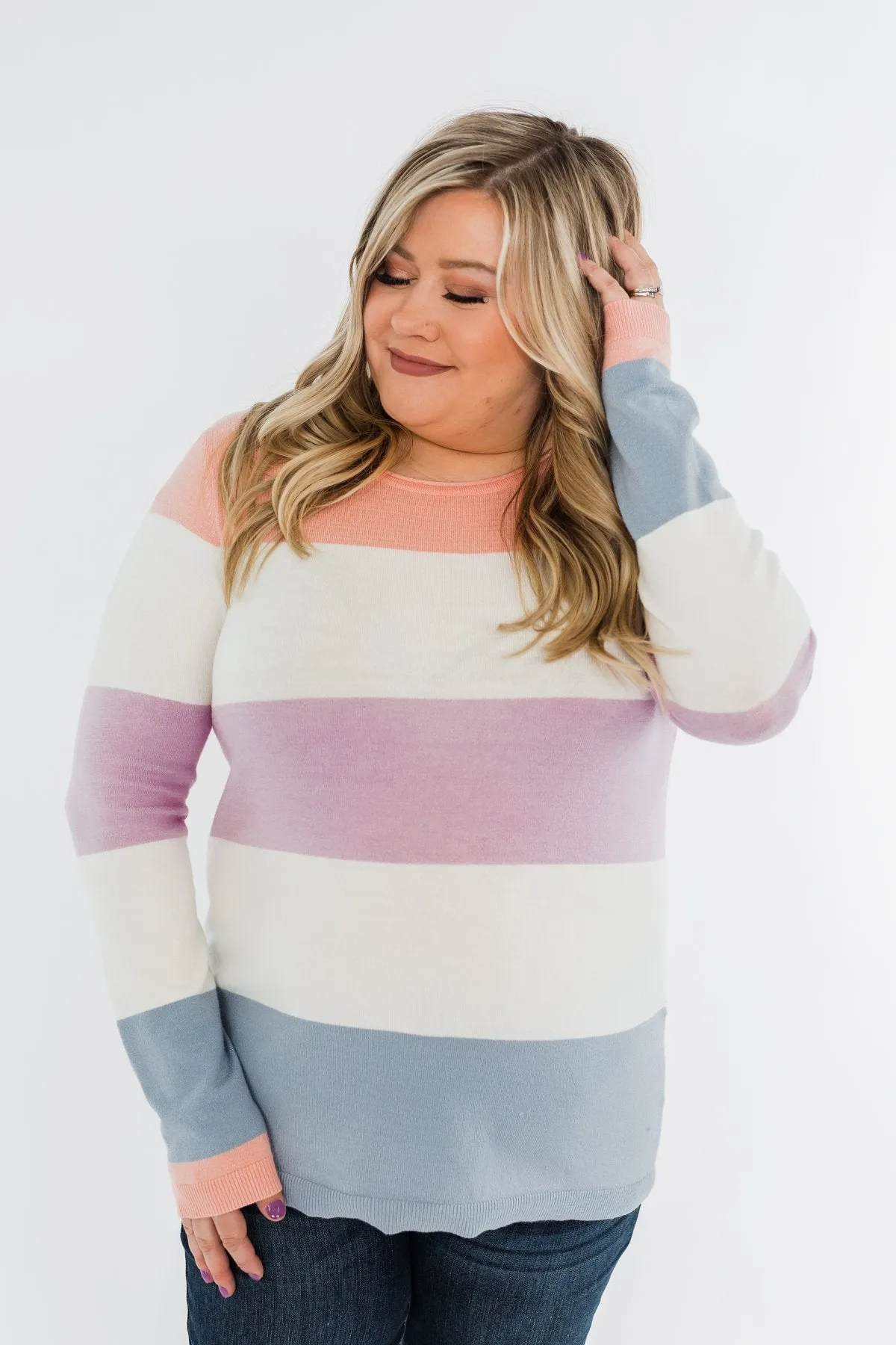 Here She Comes Sweater- Peach, Orchid & Steal Blue