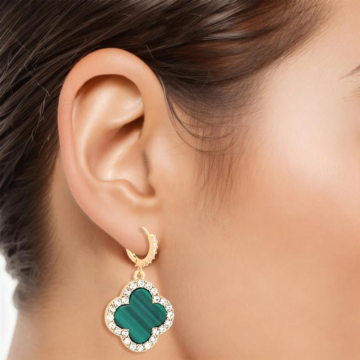 Hoop Green Clover Gold Huggie Earrings
