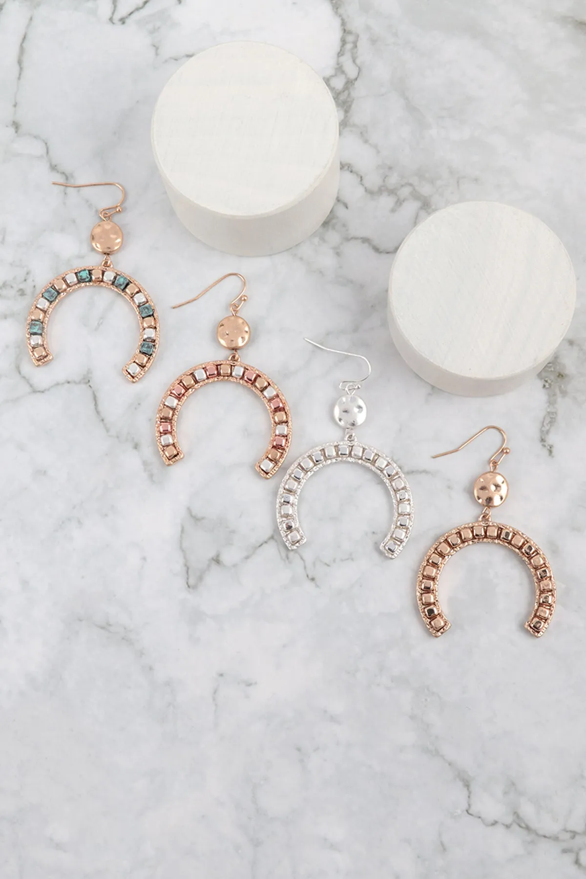 HORSE SHOE METAL BLOCK CCB DROP DANGLE EARRINGS
