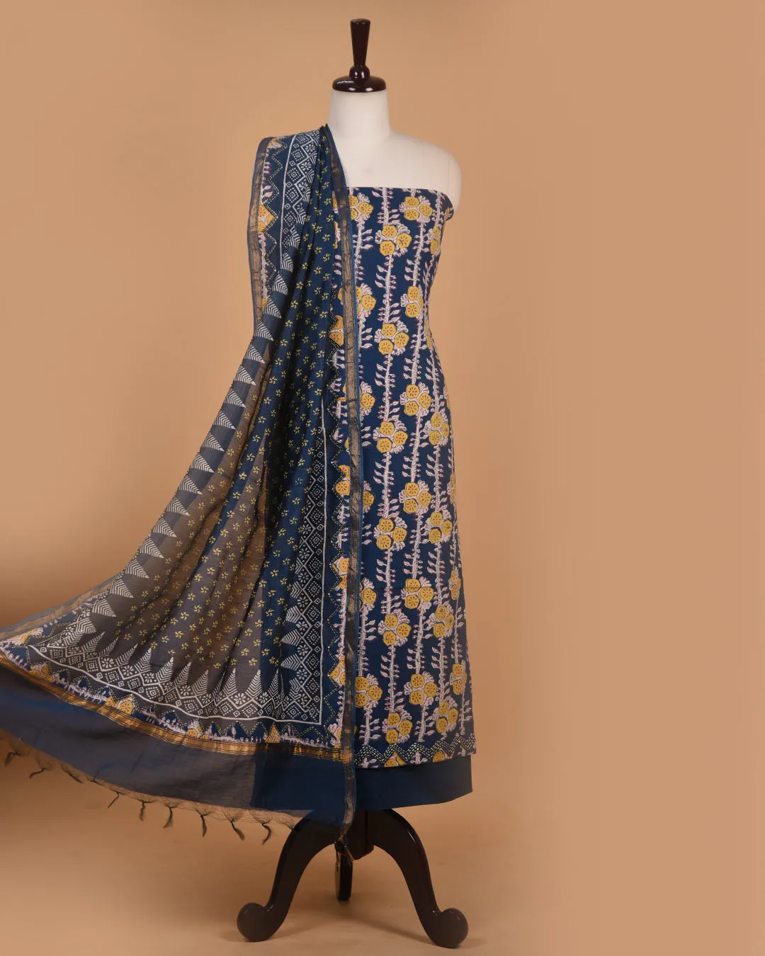 Indigo With Yellow Pure Cotton Hand Block Printed With Embroidery Unstitched Suit Fabric Set With Chanderi Hand Block Printed Dupatta