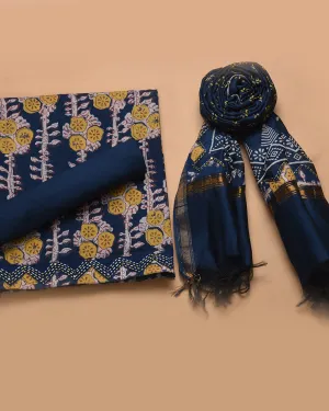 Indigo With Yellow Pure Cotton Hand Block Printed With Embroidery Unstitched Suit Fabric Set With Chanderi Hand Block Printed Dupatta
