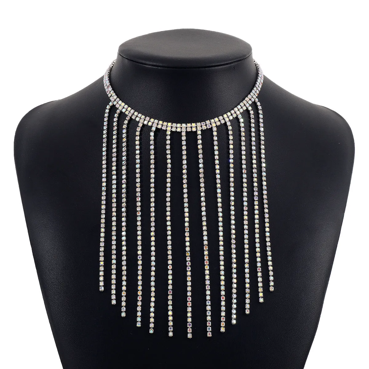 Iridescent Cubic Zirconia & Silver-Plated Tassel Choker