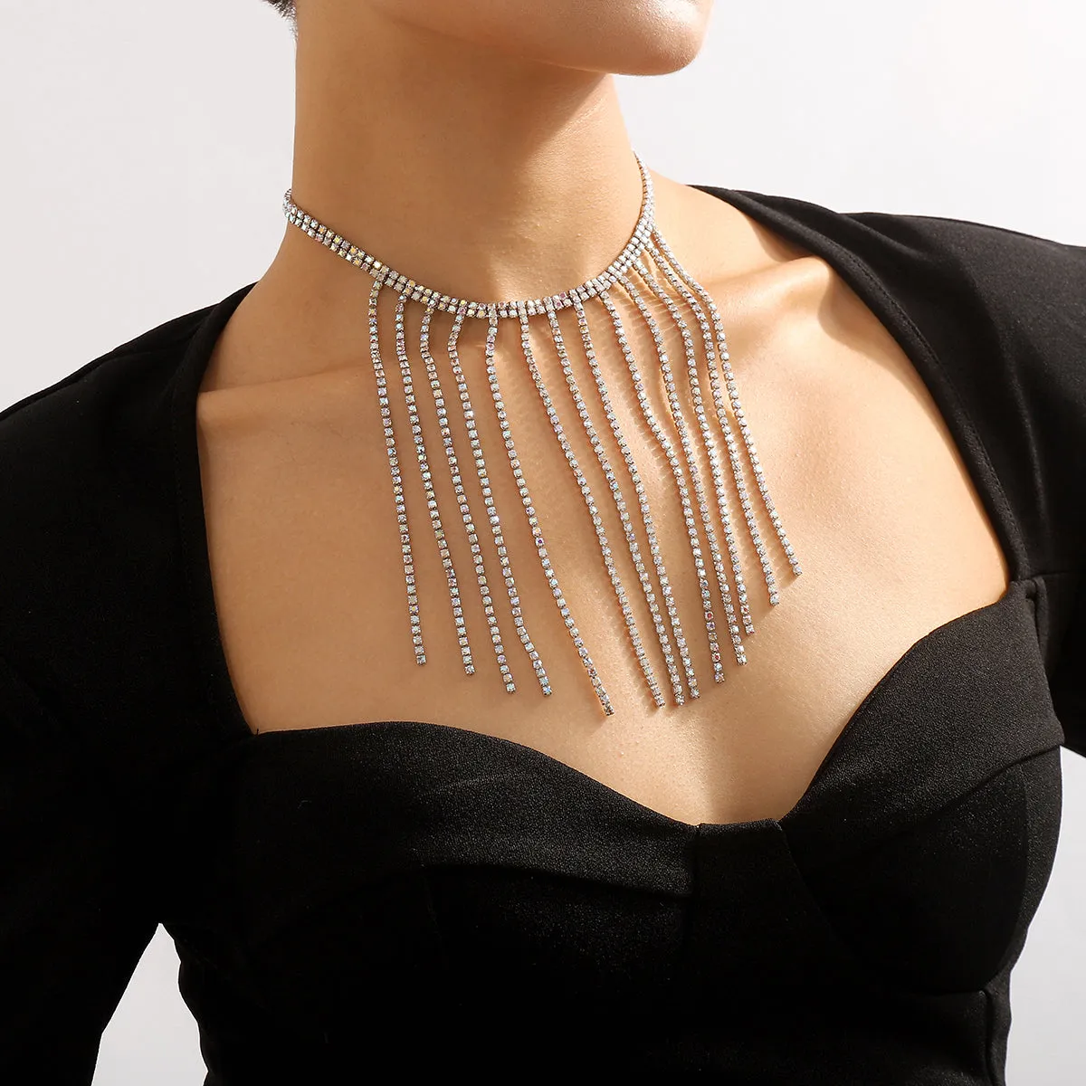 Iridescent Cubic Zirconia & Silver-Plated Tassel Choker