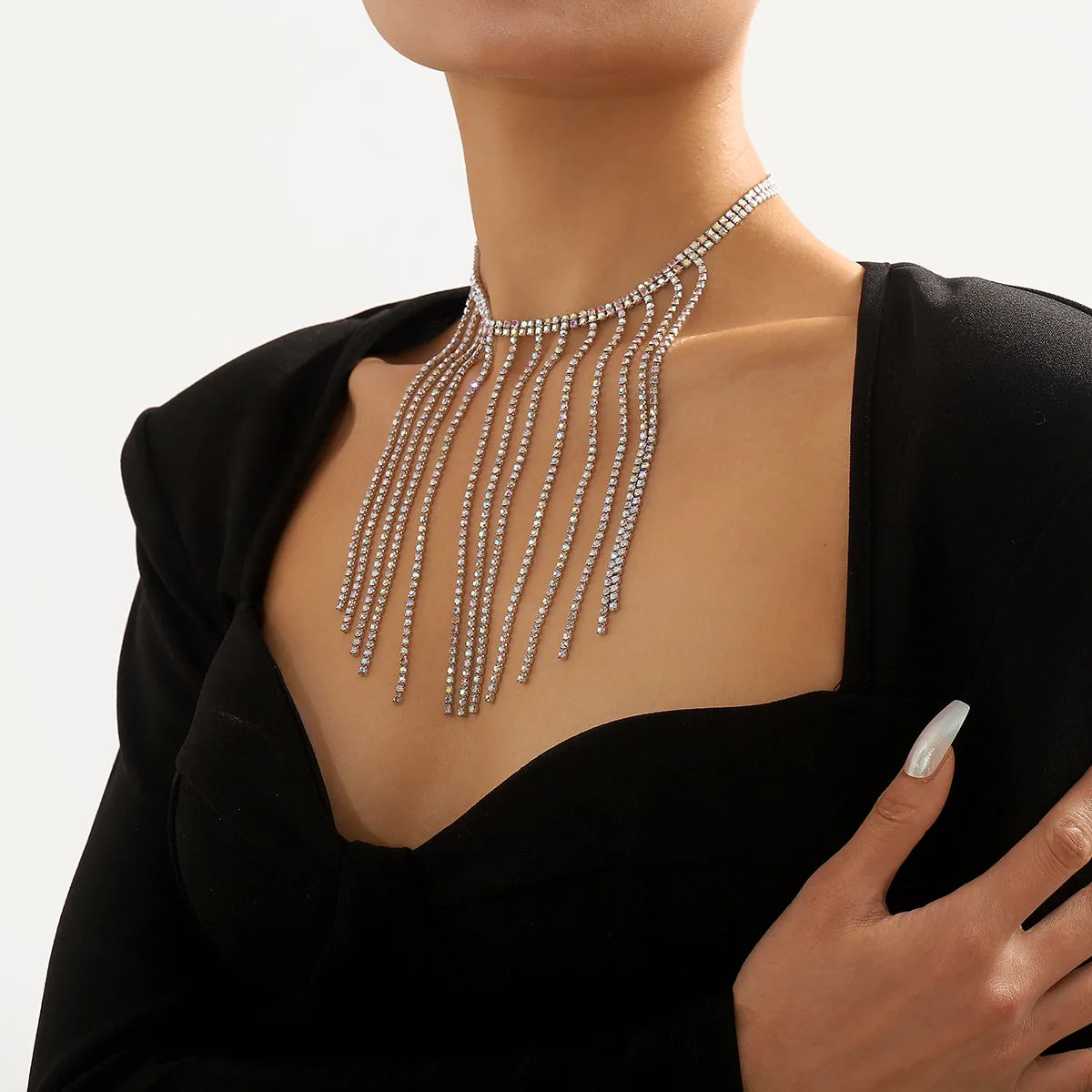 Iridescent Cubic Zirconia & Silver-Plated Tassel Choker