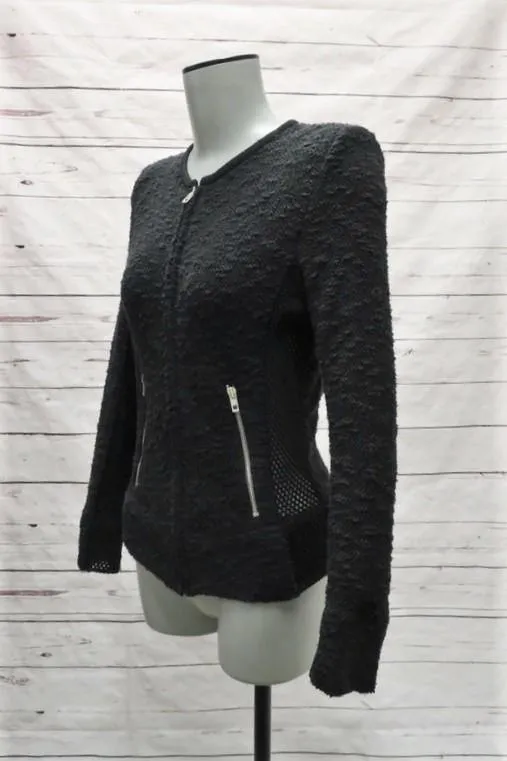 IRO Jacket Amiya Black Mesh-Paneled Tweed Size 38 Suede-Trimmed Zip Up