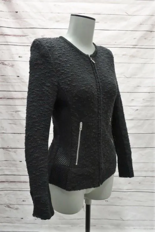 IRO Jacket Amiya Black Mesh-Paneled Tweed Size 38 Suede-Trimmed Zip Up