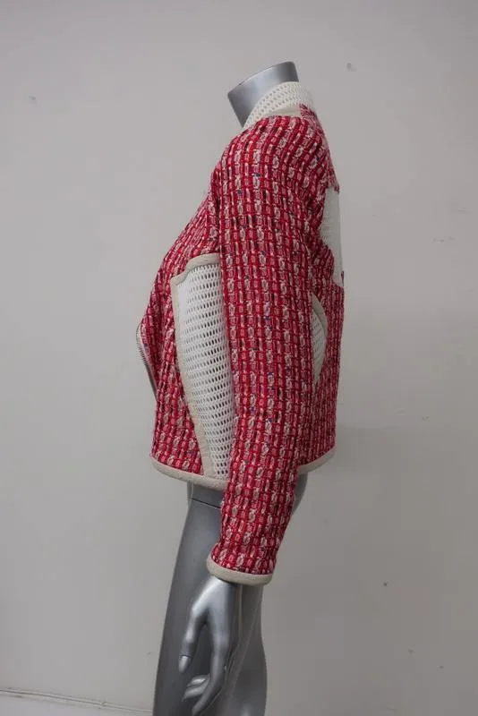 IRO Jacket Aubrey Red Cotton Tweed Size 38 Suede Trim Mesh-Paneled