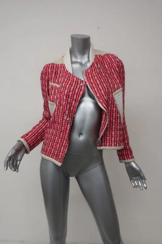 IRO Jacket Aubrey Red Cotton Tweed Size 38 Suede Trim Mesh-Paneled
