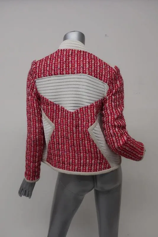 IRO Jacket Aubrey Red Cotton Tweed Size 38 Suede Trim Mesh-Paneled