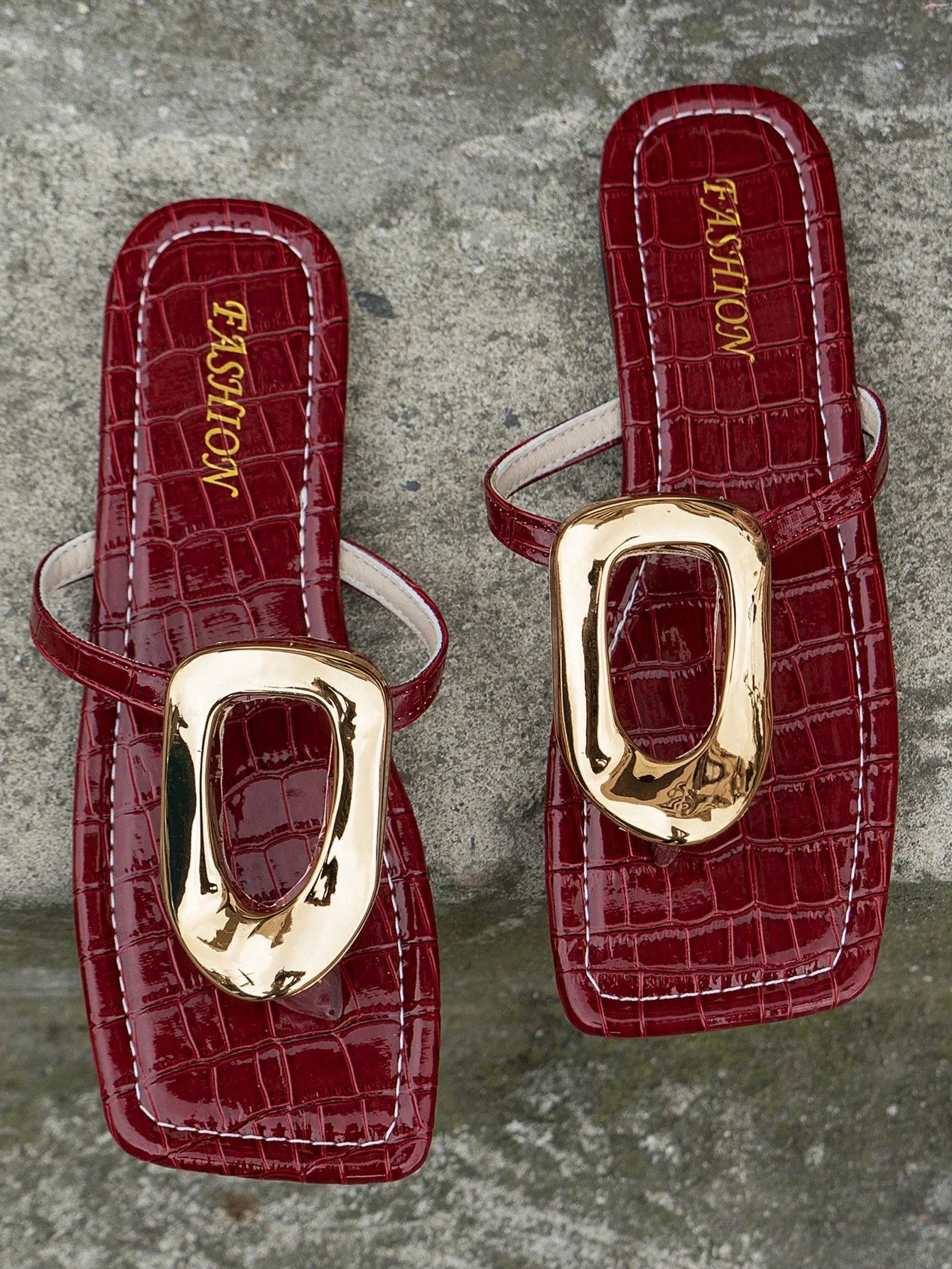 Irregular Metal Square Buckle Flat Sandals