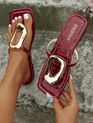 Irregular Metal Square Buckle Flat Sandals