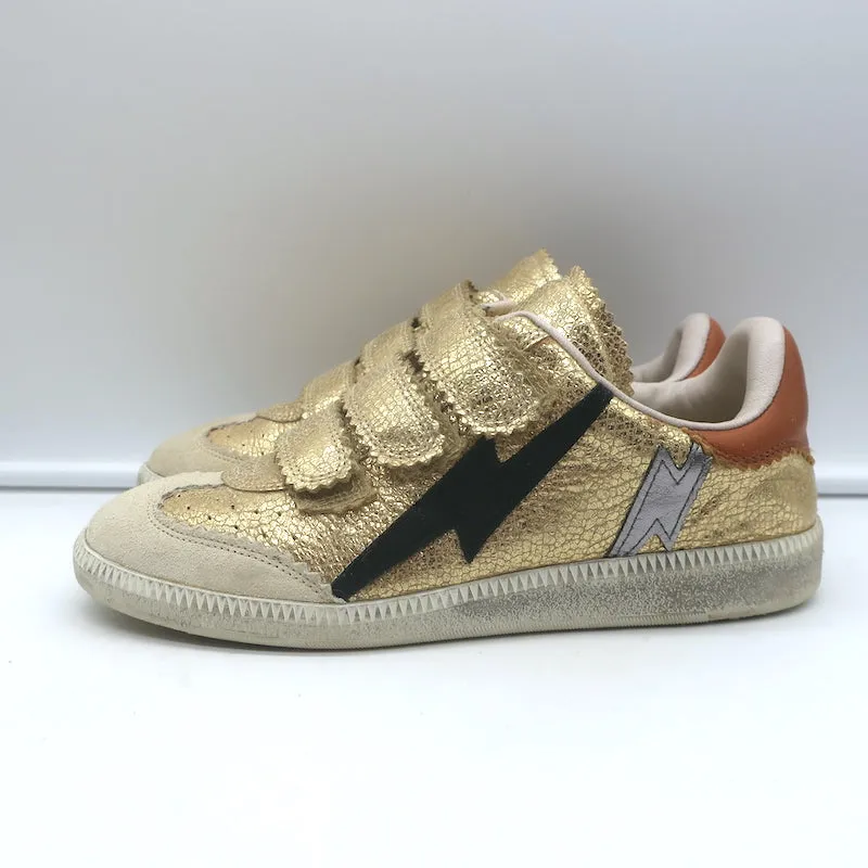 Isabel Marant Beth Lightning Bolt Sneakers Gold Metallic Cracked Leather Size 37