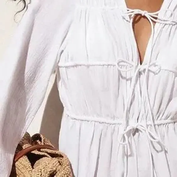 J Crew Womens Size Small Tiered Tie Front Cinched Waist Dress Cotton White CA803