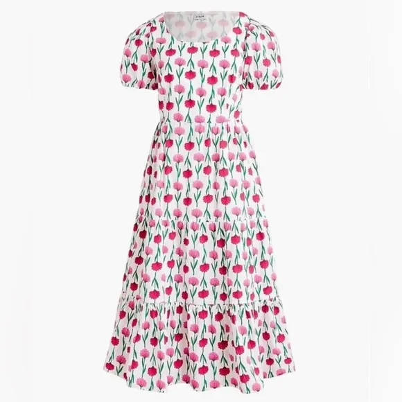 J.Crew Factory Tiered PoplinPuff-Sleeve Midi Dress With Pockets Size 14