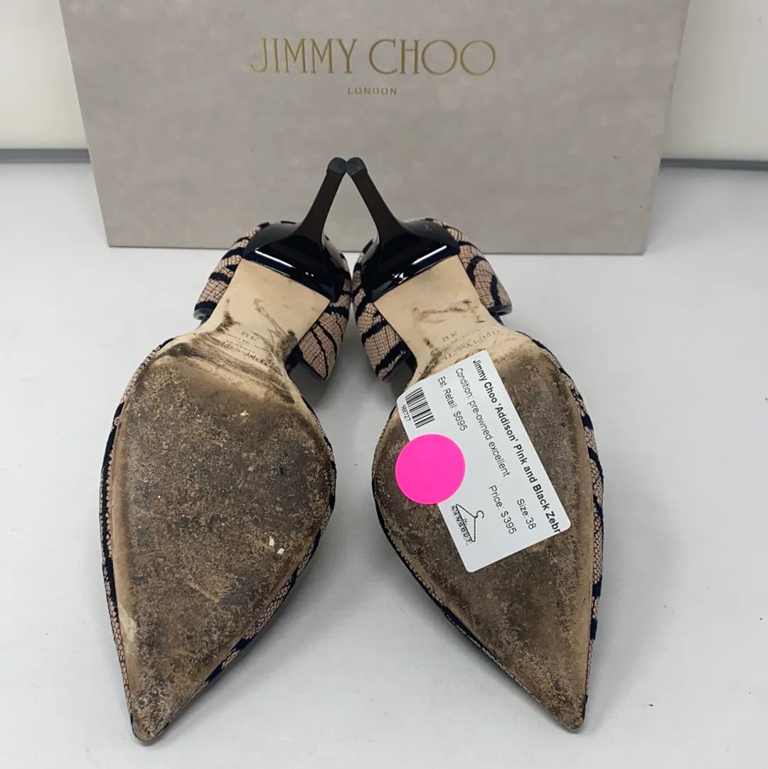 Jimmy Choo 'Addison' Pink and Black Zebra Lace with Black Patent Leather Heel