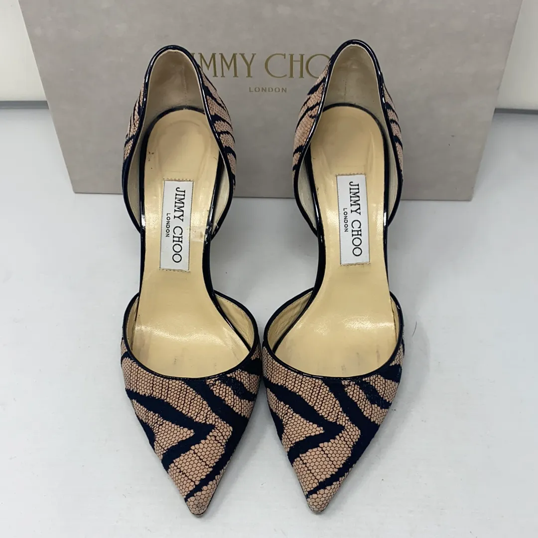 Jimmy Choo 'Addison' Pink and Black Zebra Lace with Black Patent Leather Heel