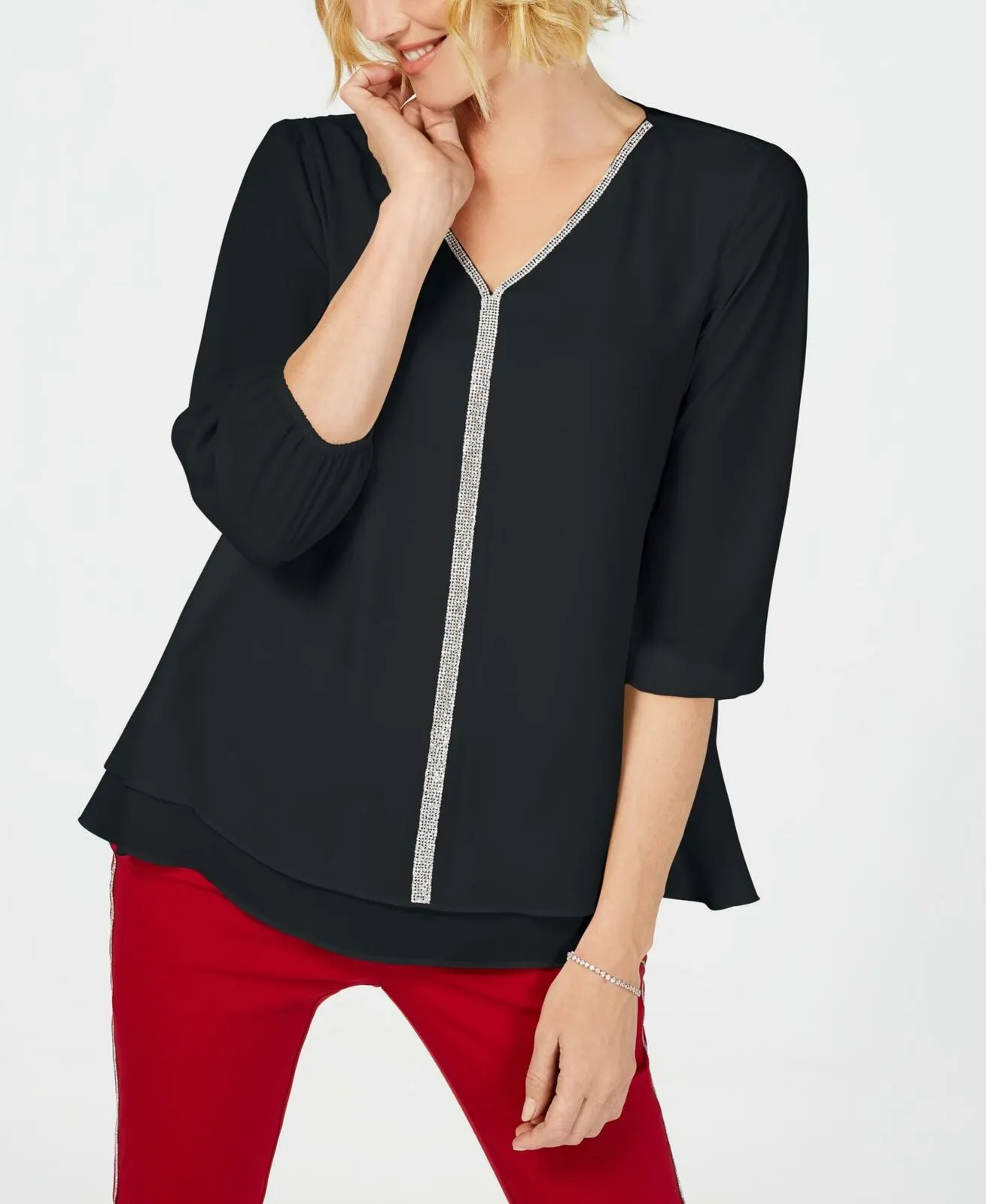 JM Collection Women's Jeweled V-Neck Tiered Hem Blouse