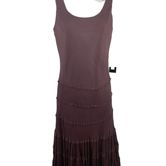 Jones New York 100% Silk Midi Plum Sheer Lined Tiered Party Dress Women 2P $168