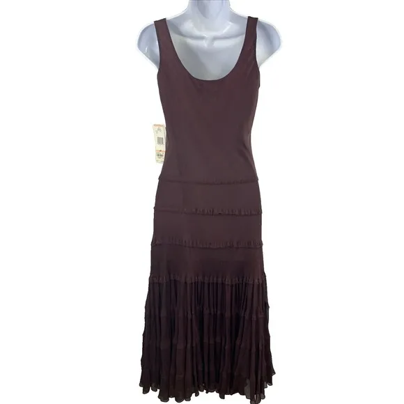 Jones New York 100% Silk Midi Plum Sheer Lined Tiered Party Dress Women 2P $168