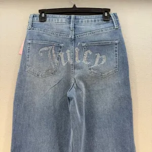Juicy Couture Jeans Women's 7/28 Blue Lunita Wide Leg Rhinestone Logo Flare NWT
