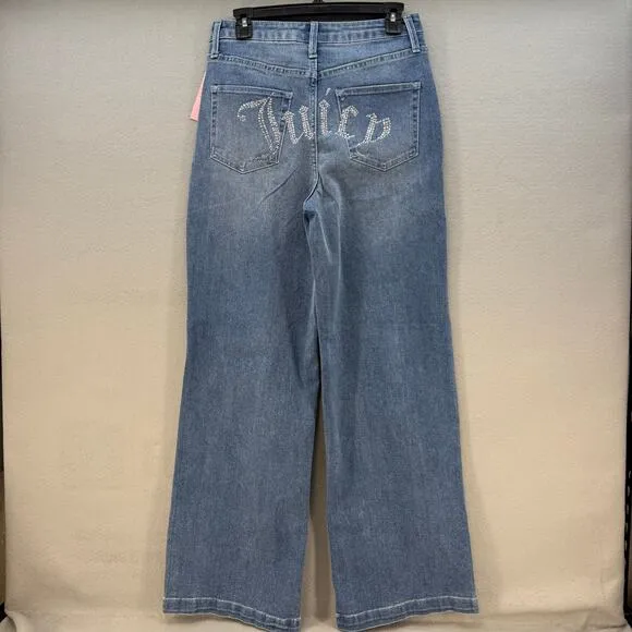 Juicy Couture Jeans Women's 7/28 Blue Lunita Wide Leg Rhinestone Logo Flare NWT