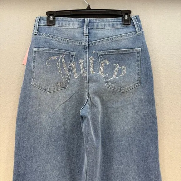 Juicy Couture Jeans Women's 7/28 Blue Lunita Wide Leg Rhinestone Logo Flare NWT