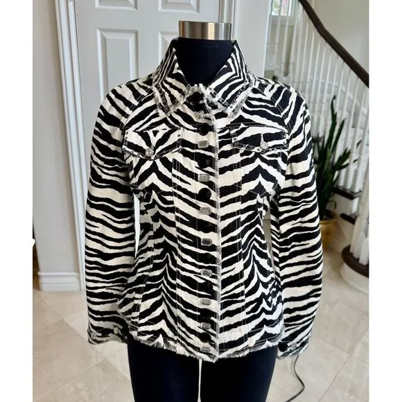 Just B Women's Black White Zebra Stripe Cotton Blazer/Jacket Embellished, Sz M