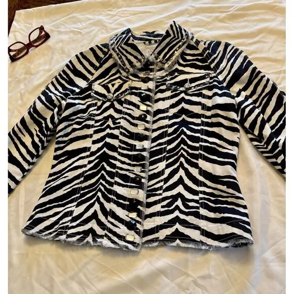 Just B Women's Black White Zebra Stripe Cotton Blazer/Jacket Embellished, Sz M